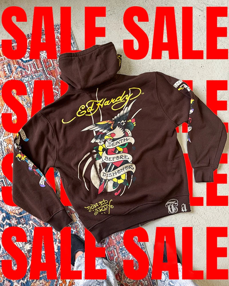Vintage 90s hip hop clothing mix with authentic Ed Hardy graphic hoodies, oversized tees, baggy 90s Denim and streetwear from the golden era of rap fashion.