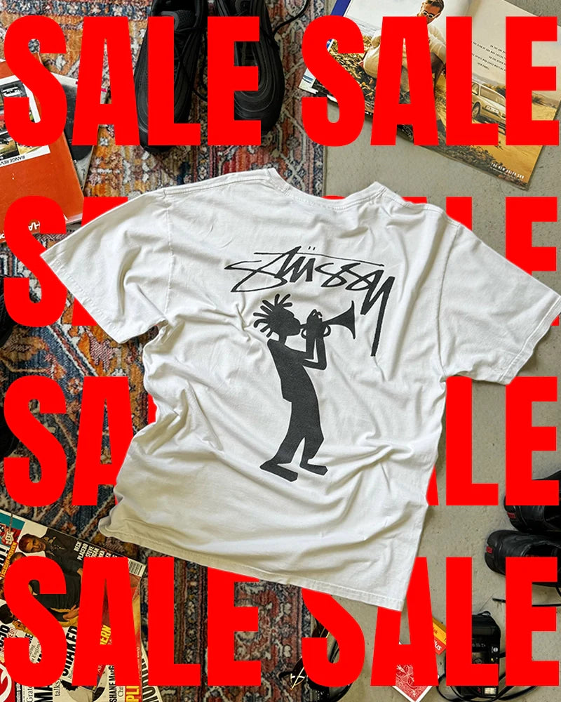 Vintage skate and surf collection featuring Stüssy ‘All That Jazz’ t-shirts, graphic tees, and 90s beachwear inspired by California street style.  Surf Clothing. 90s Skate Fashion.